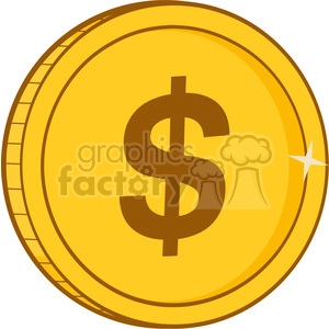 The image is a clipart representation of a gold coin with a dollar sign on it. The coin has a ridged edge, indicative of its value and a small shiny spot, suggesting a gleam of light reflecting off its surface, which gives a sense of its metallic and precious nature.