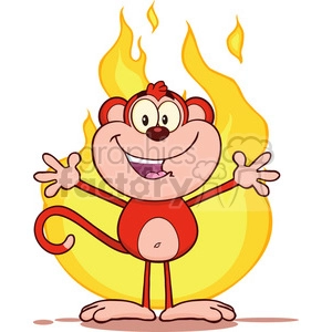 royalty free rf clipart illustration happy red monkey cartoon character welcoming over flames vector illustration isolated on white
