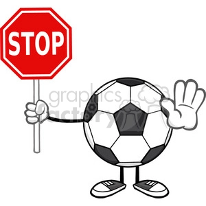 soccer ball faceless cartoon mascot character gesturing and holding a stop sign vector illustration isolated on white background