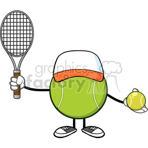 The image depicts an anthropomorphic tennis ball character. The character is wearing tennis shoes and a visor, and it is holding a tennis racket in one hand and a smaller tennis ball in the other.
