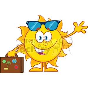 The clipart image features an anthropomorphized sun character. The sun has a smiling face, is wearing a pair of blue sunglasses, and is waving with one hand. The character also appears to be holding a suitcase with travel stickers on it, suggesting a theme of vacation or travel. The sun's rays extend outwards, creating a sense of warmth and friendliness.