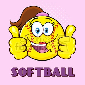 cute softball girl cartoon character giving a double thumbs up vector illustration with pink halfone background and text softball