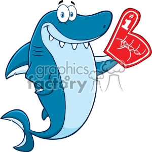 The clipart image features a cartoon-style shark character with a friendly and funny demeanor. The shark is blue with a light blue underbelly and is smiling widely, showing its white teeth. It has big, googly eyes that add to its comical appearance. The shark is also holding up a red foam finger that has the number one (#1) on it, often seen at sports events, indicating support for a team and expressing a We're number one! sentiment.