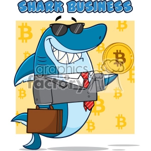 This clipart image features an anthropomorphized shark character dressed in business attire including a gray suit, white shirt, and a red tie. The shark is also wearing sunglasses and has a big, friendly smile. To add to the business theme, the shark is carrying a brown briefcase. The background has a pattern of Bitcoin currency symbols, indicating a likely connection to finance or cryptocurrency. In the shark's right fin, it's holding a large gold coin with the Bitcoin symbol, further emphasizing the business and cryptocurrency theme.