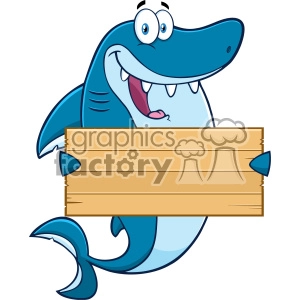 The clipart image features a cartoon shark with a friendly and funny expression, holding a blank wooden sign. The shark mascot has a wide grin with visible teeth, big, expressive eyes, and a stylized, curved body.