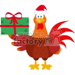 This is a colorful clipart image featuring a cartoon rooster character. The rooster is wearing a Santa Claus hat and holding a green Christmas gift with a red bow and star patterns. The rooster has a cheerful expression, a prominent red comb and wattle, and is standing upright on two yellow feet.