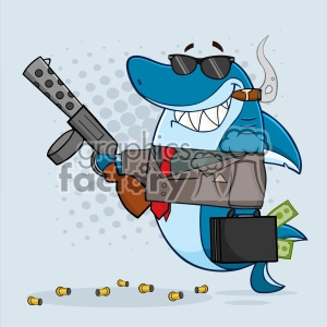 The clipart image depicts a cartoon shark character styled as a stereotypical gangster. The shark is wearing a suit with a red tie, sunglasses, and smoking a cigar. It's carrying a briefcase full of money and holding a large, stylized revolver. Bullet casings are scattered on the ground, implying the weapon has been fired. The overall tone of the image is playful and humorous, aiming to represent the shark as a comical gangster-like mascot.