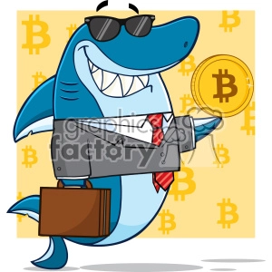 This clipart image features a cartoon shark dressed as a business professional, wearing a dark suit, red-striped tie, and sunglasses. The shark is holding a briefcase in one fin and a gold coin symbolizing Bitcoin with a B in the center in the other. The background is decorated with multiple Bitcoin symbols.