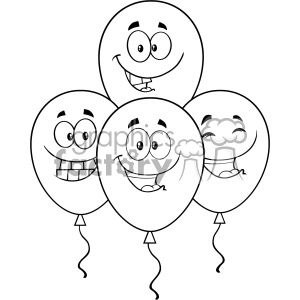 4 different balloons in a black and white line art form. They have happy expressions, and would make great coloring drawings 