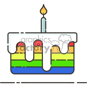 The clipart image shows a flat vector icon design of a rainbow cake with a candle on top. It is likely associated with birthday parties and celebrations.
