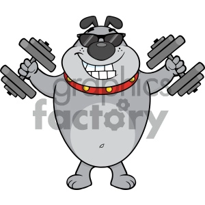 This clipart image features a cartoon of a cheerful, muscular bulldog wearing sunglasses and a red collar with yellow dots. The bulldog is standing upright on its hind legs and holding a dumbbell in each paw, as if exercising or showing off its strength.