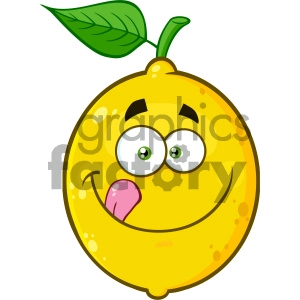 Royalty Free RF Clipart Illustration Smiling Yellow Lemon Fruit Cartoon Emoji Face Character Licking His Lips Vector Illustration Isolated On White Background