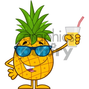 Pineapple Fruit With Green Leafs And Sunglasses Cartoon Mascot Character Holding Up A Glass Of Juice