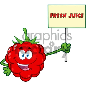 Royalty Free RF Clipart Illustration Red Raspberry Fruit Cartoon Mascot Character Holding A Sign With Text Fresh Juice Vector Illustration Isolated On White Background
