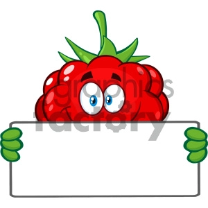 Royalty Free RF Clipart Illustration Smiling Raspberry Fruit Cartoon Mascot Character Holding A Blank Sing Vector Illustration Isolated On White Background