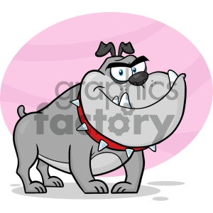 This clipart image features a stylized cartoon of a bulldog. The dog has exaggerated features, including a large underbite with prominent teeth, a muscular body, a wrinkled face, and a studded collar. It has a somewhat mischievous or determined expression with one eyebrow cocked upwards. The bulldog appears to be standing, and the background is a simple pink gradient.