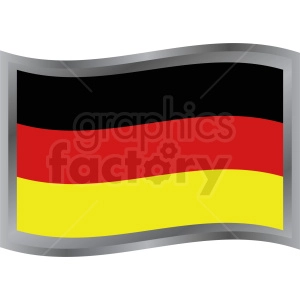 The image shows a stylized representation of the German flag. It has three horizontal stripes with black at the top, red in the middle, and gold (yellow) at the bottom, and is depicted with a slight wave, which gives it a sense of movement. The flag appears to be set within a dark grey or silver frame, which curves around the flag.