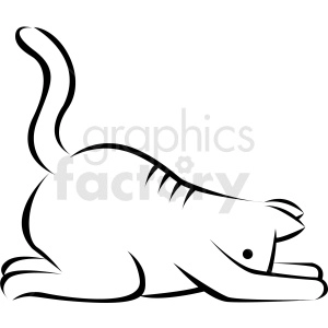 The clipart image shows a stylized outline of a cat in a stretching pose that is reminiscent of a yoga position. The cat's tail is playfully curved upwards while its body is elongated and front paws are extended forward, giving the impression it might be doing a cat stretch, which is often associated with yoga and stretching routines.