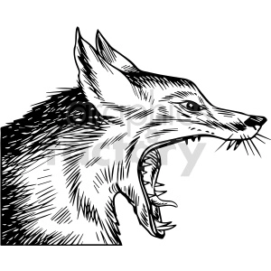 This clipart image features a black and white illustration of a fox with its mouth open, showing its teeth. The fox has detailed fur, pointed ears, and a focused gaze.