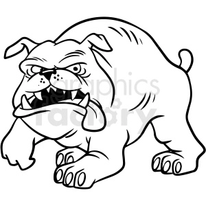 The image is a black and white clipart of a fierce-looking cartoon bulldog. It features an exaggerated muscular bulldog with a menacing expression, showcasing sharp teeth and a wrinkled face.
