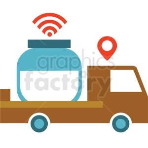 This clipart image illustrates a brown delivery truck carrying a large blue container with a device emitting a WiFi signal on top and a red location pin icon above it.