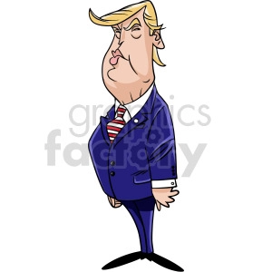 The clipart image contains a caricature of Donald Trump, with his distinctive hair, a suit, and a red and white striped tie. The illustration emphasizes certain features in an exaggerated manner typical of caricature artwork and is done in a cartoon style.