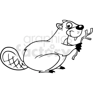 The clipart image shows a cartoon-style drawing of a beaver. The beaver is standing upright and holding a stick with its front paws. It has a large, oval-shaped body with a flat, textured tail that is often characteristic of beavers. It also appears to have buck teeth, which is another common feature of beaver illustrations.