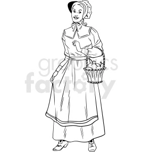 black and white realistic female pilgrim holding basket vector clipart