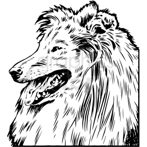 In the clipart image, there is a black and white illustration of a Collie dog with a shaggy coat, perked ears, and an open mouth, resembling the appearance of the famous character dog Lassie.