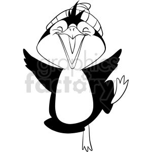 The image shows a black and white clipart of a cartoon penguin. The penguin appears to be happy and is spreading its wings wide with a big smile on its face. It has a bandaged head, indicating that it might have been injured or is in a comedic situation.