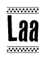 The image contains the text Laa in a bold, stylized font, with a checkered flag pattern bordering the top and bottom of the text.