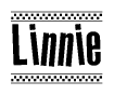 The image contains the text Linnie in a bold, stylized font, with a checkered flag pattern bordering the top and bottom of the text.