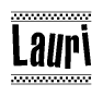 The image contains the text Lauri in a bold, stylized font, with a checkered flag pattern bordering the top and bottom of the text.