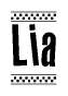 The image is a black and white clipart of the text Lia in a bold, italicized font. The text is bordered by a dotted line on the top and bottom, and there are checkered flags positioned at both ends of the text, usually associated with racing or finishing lines.