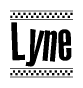 The clipart image displays the text Lyne in a bold, stylized font. It is enclosed in a rectangular border with a checkerboard pattern running below and above the text, similar to a finish line in racing. 