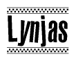 The image is a black and white clipart of the text Lynjas in a bold, italicized font. The text is bordered by a dotted line on the top and bottom, and there are checkered flags positioned at both ends of the text, usually associated with racing or finishing lines.