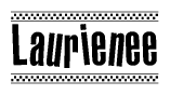 The image is a black and white clipart of the text Laurienee in a bold, italicized font. The text is bordered by a dotted line on the top and bottom, and there are checkered flags positioned at both ends of the text, usually associated with racing or finishing lines.