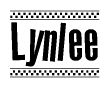 The image is a black and white clipart of the text Lynlee in a bold, italicized font. The text is bordered by a dotted line on the top and bottom, and there are checkered flags positioned at both ends of the text, usually associated with racing or finishing lines.