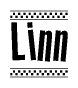 The image contains the text Linn in a bold, stylized font, with a checkered flag pattern bordering the top and bottom of the text.