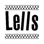 The image is a black and white clipart of the text Lells in a bold, italicized font. The text is bordered by a dotted line on the top and bottom, and there are checkered flags positioned at both ends of the text, usually associated with racing or finishing lines.