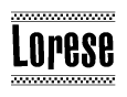 The image is a black and white clipart of the text Lorese in a bold, italicized font. The text is bordered by a dotted line on the top and bottom, and there are checkered flags positioned at both ends of the text, usually associated with racing or finishing lines.