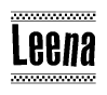 The image contains the text Leena in a bold, stylized font, with a checkered flag pattern bordering the top and bottom of the text.