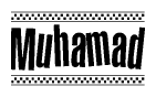 The image is a black and white clipart of the text Muhamad in a bold, italicized font. The text is bordered by a dotted line on the top and bottom, and there are checkered flags positioned at both ends of the text, usually associated with racing or finishing lines.