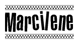 The image is a black and white clipart of the text Marcilene in a bold, italicized font. The text is bordered by a dotted line on the top and bottom, and there are checkered flags positioned at both ends of the text, usually associated with racing or finishing lines.