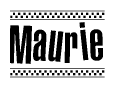 The image is a black and white clipart of the text Maurie in a bold, italicized font. The text is bordered by a dotted line on the top and bottom, and there are checkered flags positioned at both ends of the text, usually associated with racing or finishing lines.
