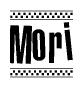 The image contains the text Mori in a bold, stylized font, with a checkered flag pattern bordering the top and bottom of the text.
