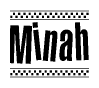 The image is a black and white clipart of the text Minah in a bold, italicized font. The text is bordered by a dotted line on the top and bottom, and there are checkered flags positioned at both ends of the text, usually associated with racing or finishing lines.