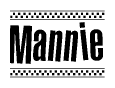 The image is a black and white clipart of the text Mannie in a bold, italicized font. The text is bordered by a dotted line on the top and bottom, and there are checkered flags positioned at both ends of the text, usually associated with racing or finishing lines.