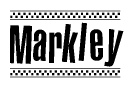 The image contains the text Markley in a bold, stylized font, with a checkered flag pattern bordering the top and bottom of the text.