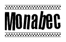 The image is a black and white clipart of the text Monabec in a bold, italicized font. The text is bordered by a dotted line on the top and bottom, and there are checkered flags positioned at both ends of the text, usually associated with racing or finishing lines.